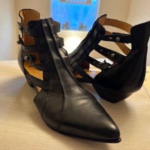 John Fluevog - Black strappy leather booty - new!